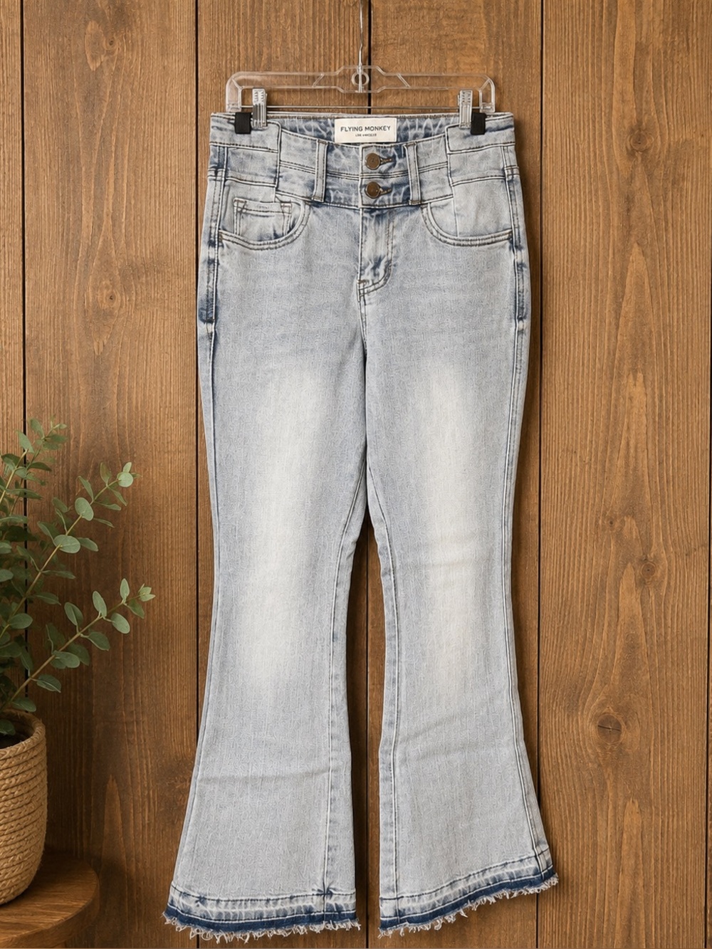 Flying Monkey Los Angeles High Rise Bootcut Flared raw hem light Wash Jeans 24